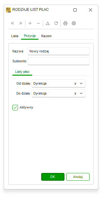 Formularz nowego rodzaju listy płac w Nowym R2Płatnik