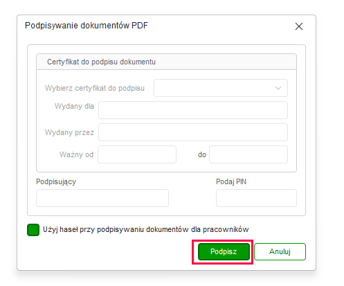 Opcja Seryjne podpisywanie PDF w menu kontekstowym Dziennika w Nowym R2Płatnik