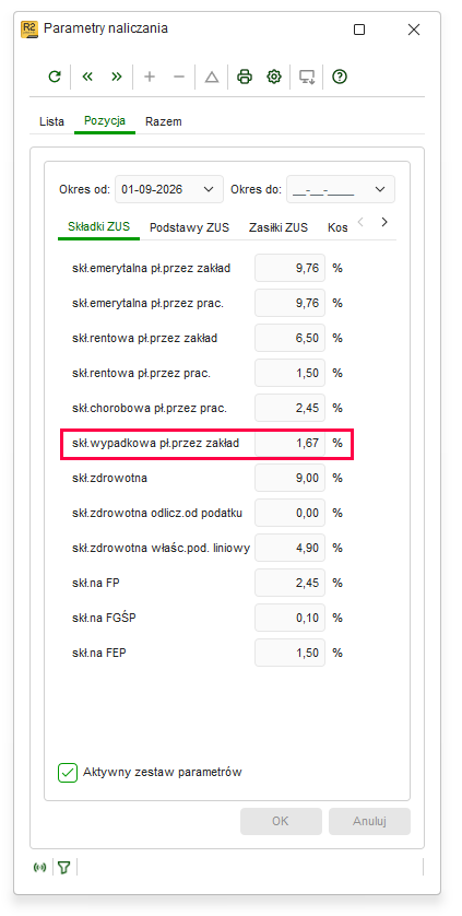 Parametry naliczania ze składką wypadkową płaconą przez zakład w Nowym R2Płatnik