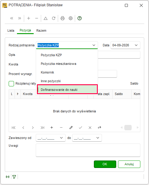 Ewidencja Potrącenia z nowym rodzajem potrącenia w Nowym R2Płatnik