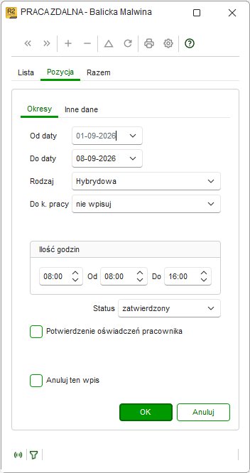 Ewidencja pracy zdalnej z zakładkami Okresy i Inne dane w Nowym R2Płatnik