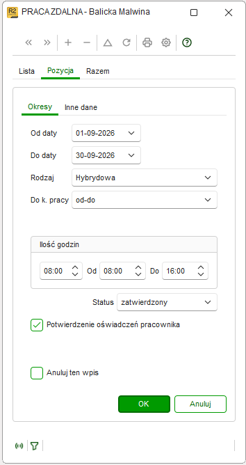 Przycisk Cały dzień w ewidencji Praca Zdalna w Nowym R2Płatnik