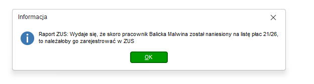 Komunikat o braku zgłoszenia do ubezpieczeń podczas generowania raportu miesięcznego ZUS w Nowym R2Płatnik