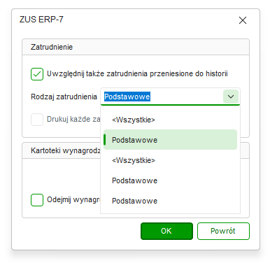 Okno generowania zaświadczenia ZUS ERP-7 z wyborem rodzaju zatrudnienia w Nowym R2Płatnik