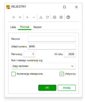 Pola Nazwa Rejestru i Układ numeru w oknie Rejestry w Nowym R2Płatnik