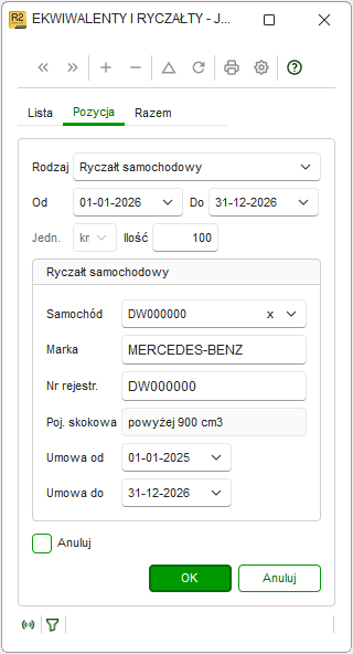 Ewidencja Ekwiwalenty i ryczałty z danymi o okresie obowiązywania ryczałtu w Nowym R2Płatnik