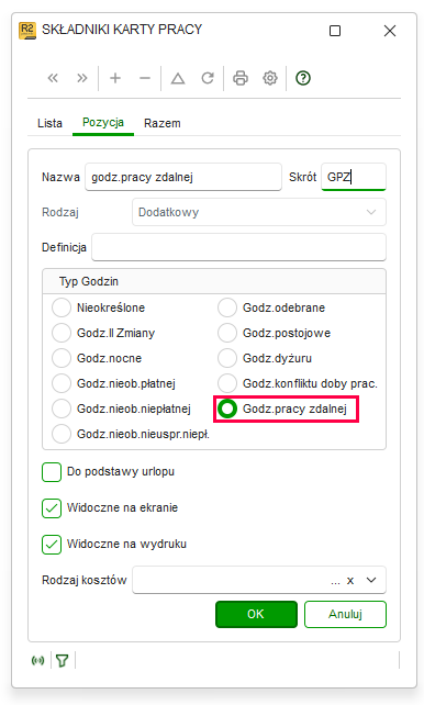 Składnik karty pracy dla pracy zdalnej z parametrami w Nowym R2Płatnik