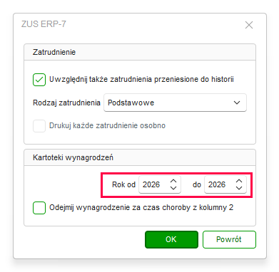 Okno wyboru lat do zaświadczenia ZUS ERP-7 w Nowym R2Płatnik