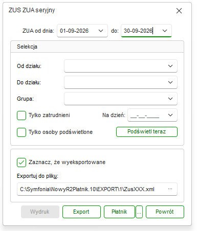 Okno seryjnego eksportu zgłoszeń ZUS z selekcją danych w Nowym R2Płatnik