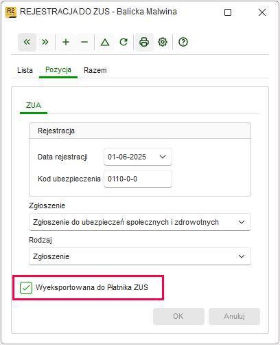 Okno eksportu z opcją Zaznacz że wyeksportowane i przyciskami Export i Płatnik w Nowym R2Płatnik