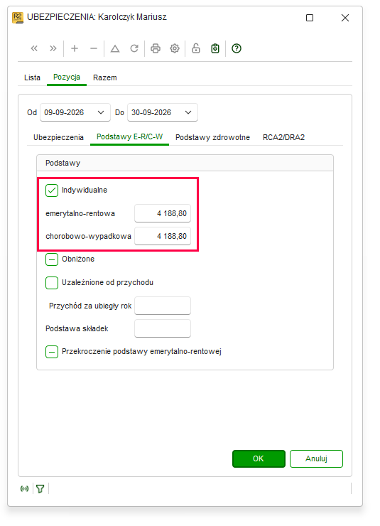 Zakładka Podstawy E-R/C-W z zaznaczoną opcją Indywidualne i polami kwot składek w Nowym R2Płatnik