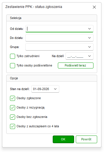 Okno Zestawienia PPK ze statusem zgłoszenia z sekcjami Selekcja i Opcje w Nowym R2Płatnik