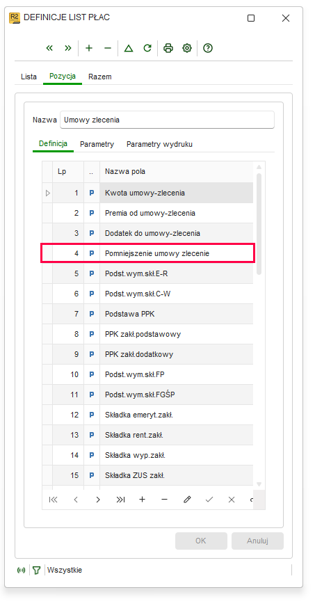 Definicja listy płac z polem Pomniejszenie umowy zlecenie w Nowym R2Płatnik