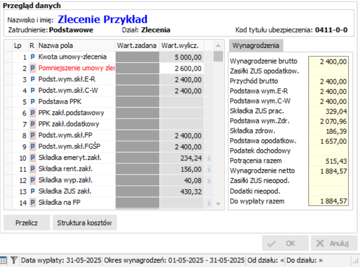 Lista płac z kolumną Wart.wylicz. i kwotą pomniejszenia w Symfonii R2Płatnik