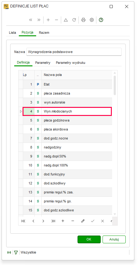 Definicja listy płac ze składnikiem Wyn. młodocianych w Nowym R2Płatnik