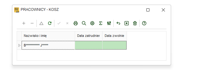 Zanonimizowane dane pracownika w ewidencji Pracownicy – kosz w Nowym R2Płatnik