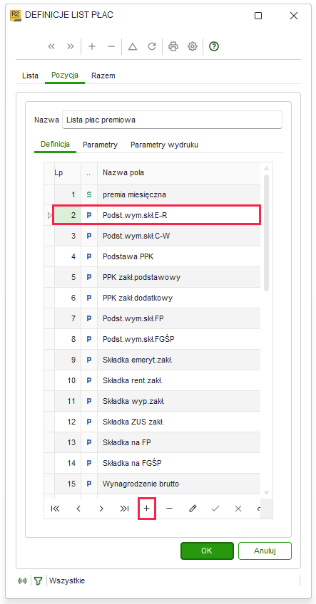 Zakładka Pozycja w oknie Definicje list płac z zaznaczonym składnikiem w Nowym R2Płatnik