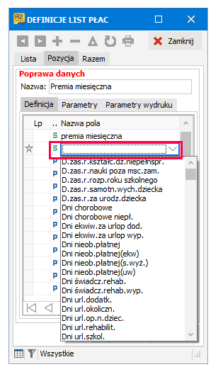 Lista rozwijana z dostępnymi składnikami do dodania w Symfonii R2Płatnik