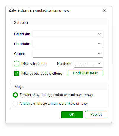 Okno Zatwierdź/anuluj zmiany warunków z sekcją Akcja w Nowym R2Płatnik