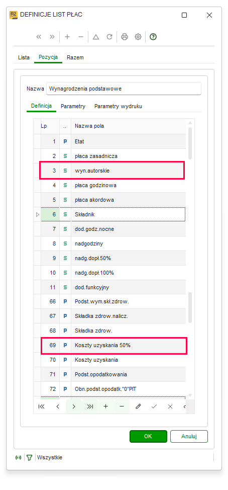 Definicja listy płac z dodanym składnikiem autorskim i polem Koszty uzyskania 50% w Nowym R2Płatnik