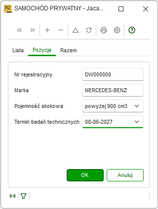 Ewidencja Samochód prywatny z polami Numer rejestracyjny, Marka, Pojemność skokowa i Termin badań technicznych w Nowym R2Płatnik