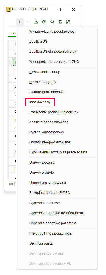 Tworzenie definicji listy płac z szablonu Inne dochody w Nowym R2Płatnik