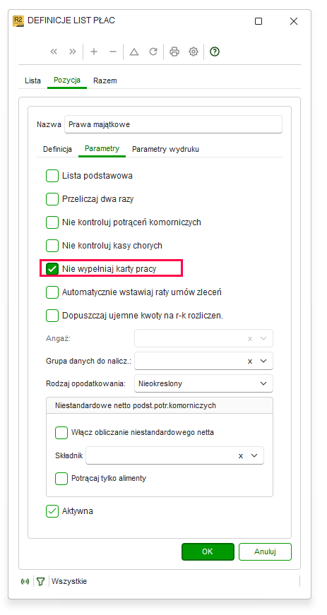 Opcja Nie wypełniaj karty pracy na zakładce Parametry definicji listy płac w Nowym R2Płatnik