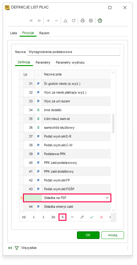 Pola Podst.wym.skł.FEP i Składka na FEP na definicji listy płac w Nowym R2Płatnik