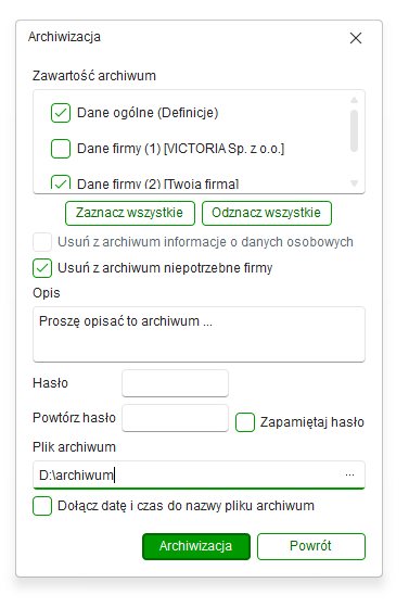 Okno archiwizacji z opcjami Dane ogólne i Dane firm w Nowym R2Płatnik