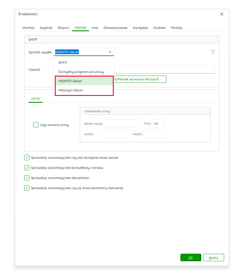 Ustawienia Środowisko Internet – opcje wysyłki OAuth – Nowy R2Płatnik