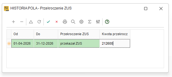 Historia przekroczeń podstawy z datami i kwotą w Nowym R2Płatnik