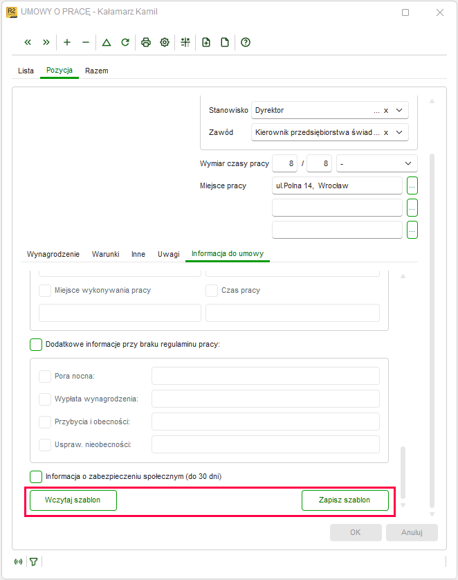 Przyciski Wczytaj szablon i Zapisz szablon na dole okna Informacja do umowy w Nowym R2Płatnik