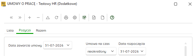 Okno dodawania umowy z widoczną nazwą zatrudnienia w Nowym R2Płatnik
