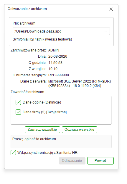 Okno odtwarzania danych z archiwum w Nowym R2Płatnik