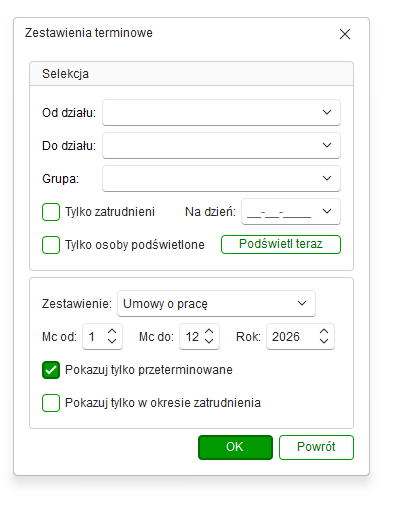 Okno generowania zestawienia terminowego w Nowym R2Płatnik