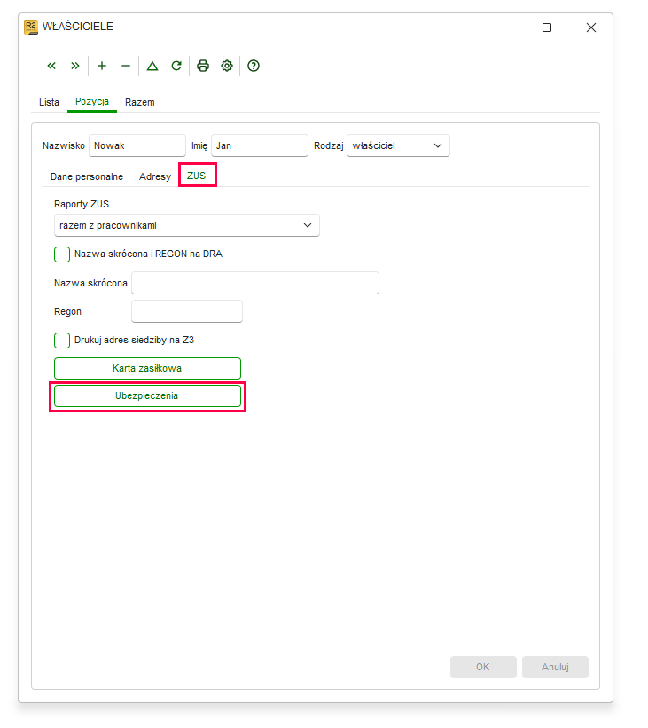 Zakładka ZUS z przyciskiem Ubezpieczenia w Nowym R2Płatnik