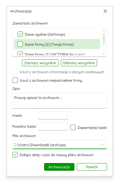 Okno archiwizacji danych – Nowy R2Płatnik