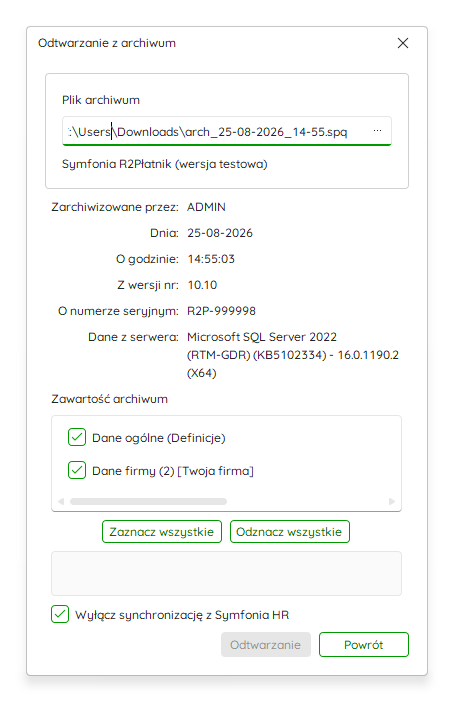 Okno odtwarzania danych z archiwum – Nowy R2Płatnik