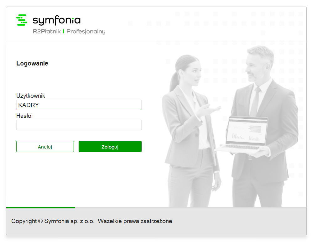 Okno logowania z polami nazwa i hasło użytkownika w Nowym R2Płatnik