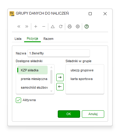 Okno grup danych do naliczeń z dostępnymi składnikami w Nowym R2Płatnik