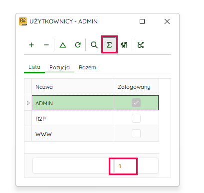 Okno Użytkownicy z sumą zalogowanych – Nowy R2Płatnik