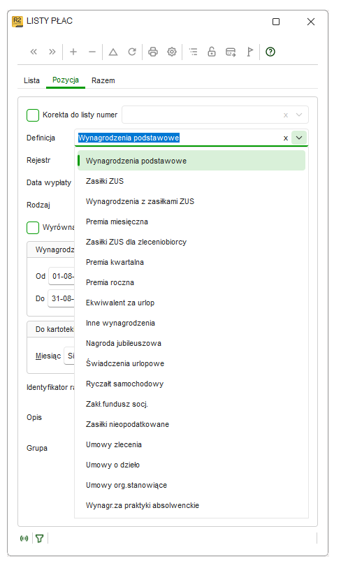 Pole Definicja z widocznymi definicjami list płac w Nowym R2Płatnik