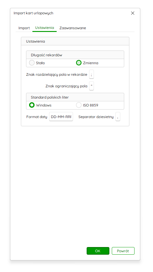 Zakładka Ustawienia – separator i format daty – Nowy R2Płatnik