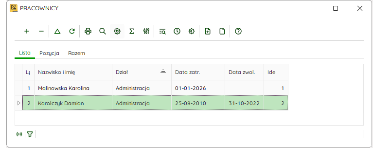 Okno Pracownicy – aktywna i zakończona umowa – Nowy R2Płatnik