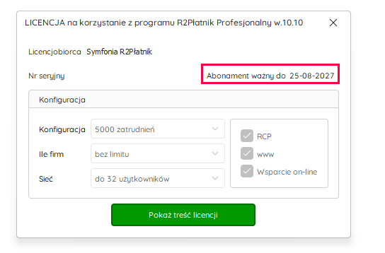 Okno Licencja z datą ważności subskrypcji – Nowy R2Płatnik