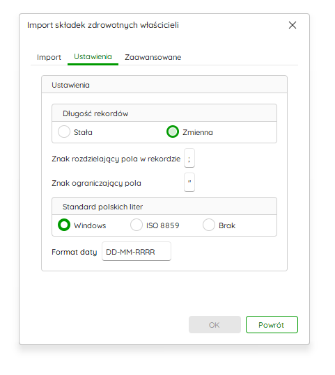 Zakładka Ustawienia – konfiguracja importu z pliku tekstowego – Nowy R2Płatnik