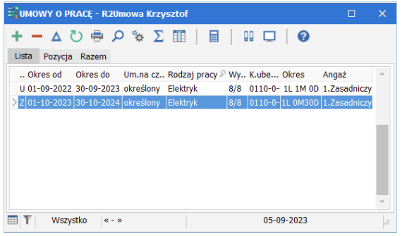 Lista umów o pracę ze zmianami warunków oznaczonymi literą Z w Symfonii R2Płatnik