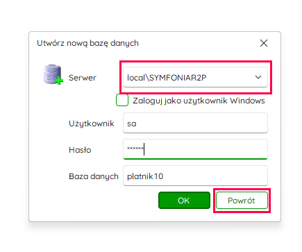 Okno tworzenia bazy danych – Nowy R2Płatnik