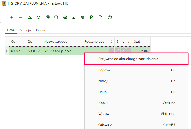 Opcja Przywróć do aktualnego zatrudnienia w Historii zatrudnienia w Nowym R2Płatnik