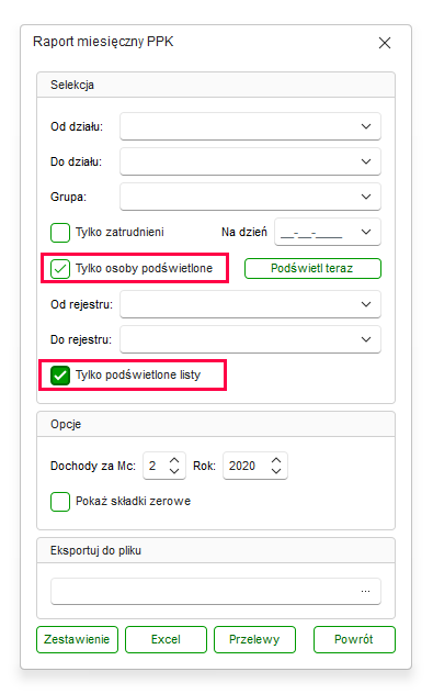 Opcja tylko osoby podświetlone w oknie raportu w Nowym R2Płatnik